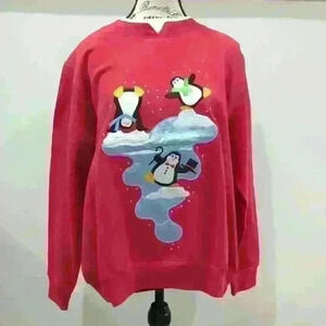 🌴2/$25🌴CW CLASSIC | Women's Red Playful  Penguins Christmas Fleece Sweatshirt